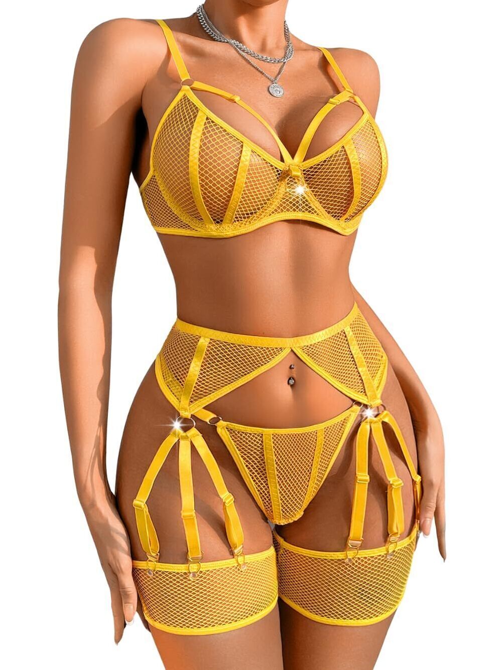 7657 Strappy Lingerie,Sheer Mesh Garter Belt Sets,4 Piece Sexy Outfit